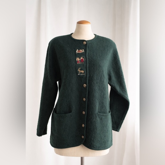 VINTAGE – Dark Green Alpine Embroidered Wool Cardigan - Picture 2 of 11